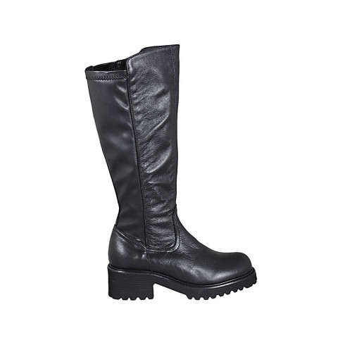 Woman's boot with zipper in black leather and elastic material heel 5 - Available sizes:  32, 33, 35, 42, 43, 44, 45