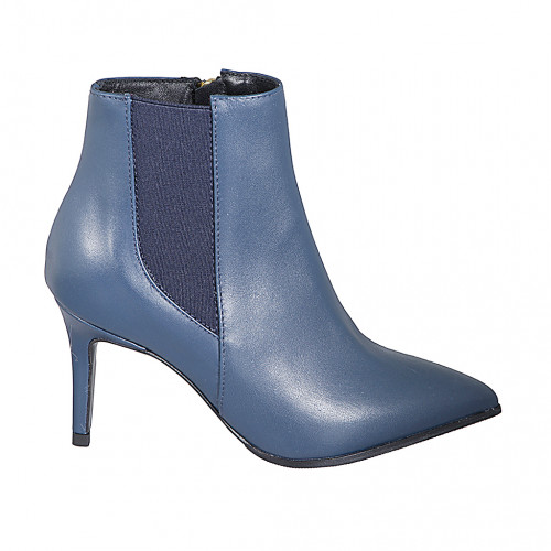 Stivaletto a punta da donna in pelle blu con elastico e cerniera tacco 7 - Misure disponibili: 42, 44