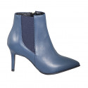 Bottines à bout pointu pour femmes en cuir bleu avec elastique et fermeture éclair talon 7 - Pointures disponibles:  42, 44