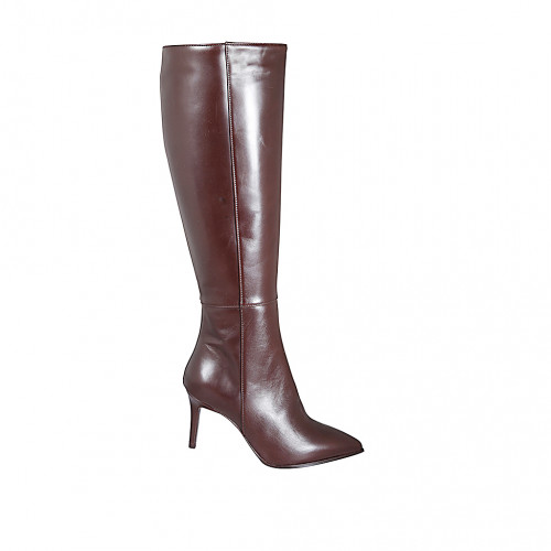 Woman's pointy boot in dark brown leather with zipper and heel 7 - Available sizes:  33, 35, 42, 43, 44