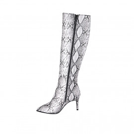 Botte pour femmes à bout pointu en cuir imprimé blanc et gris avec fermeture éclair talon 7 - Pointures disponibles:  32, 33, 34, 35, 42, 43 2