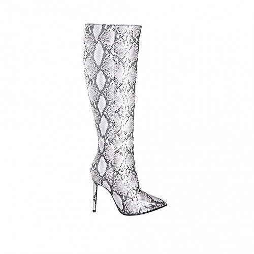 Woman's pointy boot in white and grey printed leather with zipper heel 10 - Available sizes:  32, 33, 34, 35, 42, 44