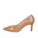 Woman's pointy pump in cognac brown leather with heel 7 - Available sizes:  31, 32, 43, 45