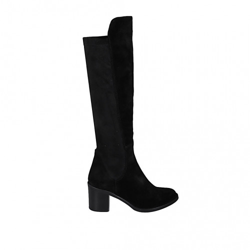 Botte pour femme au genou avec bout rond et demi-fermeture éclair en daim et daim stretch noir talon 7 - Pointures disponibles:  32, 33, 34, 35, 42, 43, 44, 46