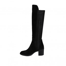 Botte pour femme au genou avec bout rond et demi-fermeture éclair en daim et daim stretch noir talon 7 - Pointures disponibles:  32, 33, 34, 35, 42, 43, 44, 46 2