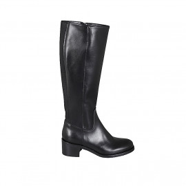 Bota para mujer con cremallera y elastico en piel negra tacon 5 - Tallas disponibles:  32, 34, 35, 43, 44, 47