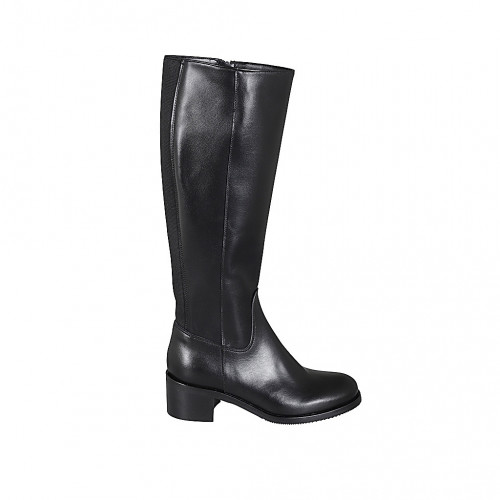 Woman's boot with elastic and zipper in black leather heel 5 - Available sizes:  32, 34, 35, 43, 44, 47