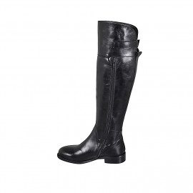 Woman's knee-high boot with back zipper and buckle in black leather heel 3 - Available sizes:  33, 34, 35, 42, 44, 45, 47 2