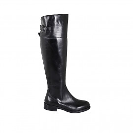 Bottes au genou pour femmes avec fermeture éclair et boucle arrière en cuir noir talon 3 - Pointures disponibles:  33, 34, 35, 42, 44, 45, 47