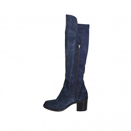 Bota para mujer en tejido elastico y gamuza azul con media cremallera tacon 6 - Tallas disponibles:  32, 33, 35, 43, 44, 45 2