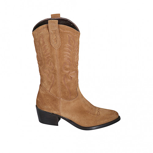 Bottes Texan pour femmes avec demi fermeture éclair et broderie en daim cognac talon 5 - Pointures disponibles:  32, 33, 34, 35, 43, 45, 47