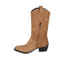Bota tejana para mujer con media cremallera y bordado en gamuza cognac tacon 5 - Tallas disponibles:  32, 33, 34, 35, 43, 45, 47