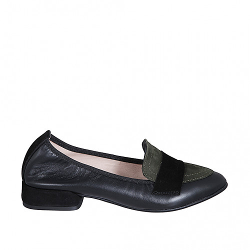 Mocassino a punta da donna in pelle nera e camoscio verde e nero tacco 2 - Misure disponibili: 32, 35, 42, 46