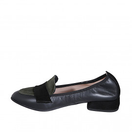 Mocassino a punta da donna in pelle nera e camoscio verde e nero tacco 2 - Misure disponibili: 32, 35, 42, 46 2