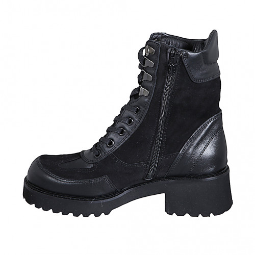 Stivaletto da donna stringato con cerniera in pelle e camoscio nero tacco 4 - Misure disponibili: 32, 33, 35, 42, 43, 44, 46
