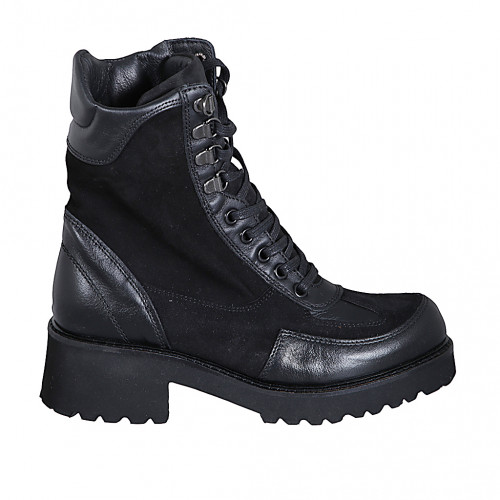 Lace-up woman's ankle boot with zipper in black leather and suede heel 4 - Available sizes:  32, 35, 44