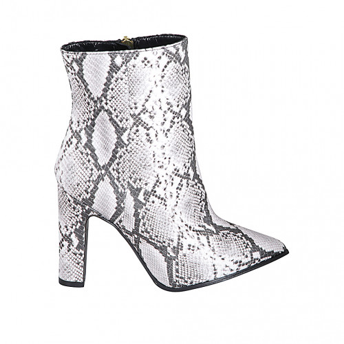 Bottines à bout pointu pour femmes en cuir imprimé blanc et gris avec fermeture Éclair talon 10 - Pointures disponibles:  32, 33, 34, 42, 43, 44, 45, 46