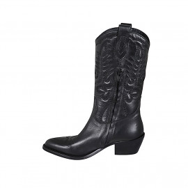 Bottes Texan pour femmes avec demi fermeture éclair et broderie en cuir noir talon 5 - Pointures disponibles:  32, 33, 46 2