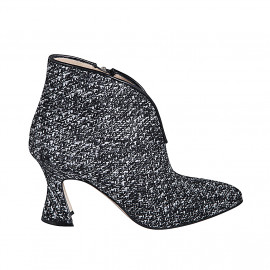 Woman's pointy high fronted shoe with V cut in black and white boucle fabric with zipper heel 7 - Available sizes:  33, 34, 35, 42, 43, 44, 45