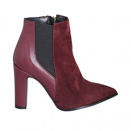 Botines puntiagudos para mujer en piel y gamuza color granate con elastico y cremallera tacon 10 - Tallas disponibles:  32, 33, 34, 35, 42, 43, 44, 45, 46, 47