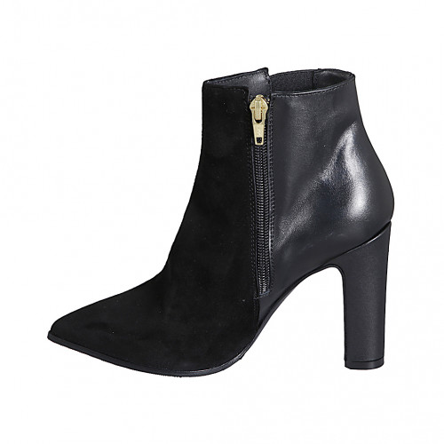 Woman's pointy ankle boot in black leather and suede with elastic and zipper heel 10 - Available sizes:  32, 33, 35, 42, 43, 45, 46
