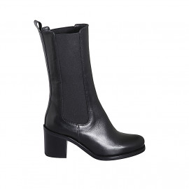 Woman's high ankle boot with rounded tip and elastic bands in black leather heel 6 - Available sizes:  32, 33, 34, 35, 42, 43, 44, 45