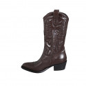 Bottes Texan pour femmes avec demi fermeture éclair et broderie en cuir marron foncé talon 5 - Pointures disponibles:  32, 33, 34, 43, 44, 45, 46