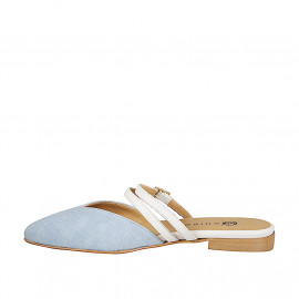 Sabot a punta sfilata chiusa in camoscio effetto denim e con doppio cinturino in pelle bianca e tacco 2 - Misure disponibili: 32, 33, 34, 42, 43, 44, 45, 46 2