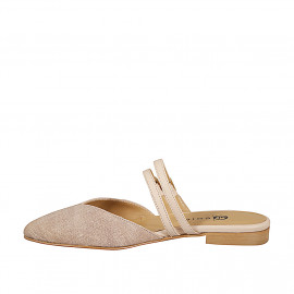 Woman's pointy closed mules in suede with beige denim effect and double nude leather straps heel 2 - Available sizes:  32, 33, 34, 42, 43, 44, 45, 46 2