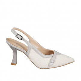 Slingback para mujer en tejido bouclé blanco con botón en piel gris tacon 9 - Tallas disponibles:  31, 32, 33, 34, 35, 42, 43, 44, 45