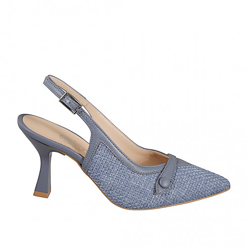 Slingback à bout pointu pour femme en cuir bleu gris avec bouton en tissu bleu gris talon 7 - Pointures disponibles:  31, 32, 33, 34, 35, 42, 43, 44, 45