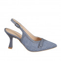 Slingback a punta para mujer en piel color azul grisaceo con botón en tela azul grisaceo tacon 7 - Tallas disponibles:  31, 32, 33, 34, 35, 42, 43, 44, 45