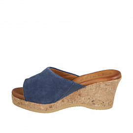 Sabot aperto da donna con elastico in camoscio blu e altezza zeppa in sughero 7 - Misure disponibili: 32, 33, 34, 35 2