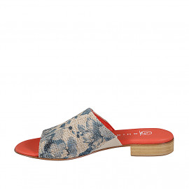 Sabo para mujer con elástico en tejido soga beis con estampado floreal azul, tacon 2 - Tallas disponibles:  33, 34, 35, 42, 43, 44, 45, 46 2