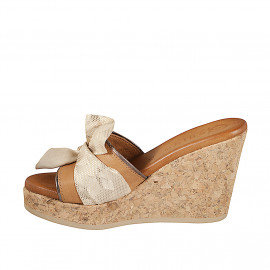 Sabot da donna in pelle cuoio e nodo in camoscio stampato platino zeppa sughero 9 - Misure disponibili: 32, 33, 34, 35 2