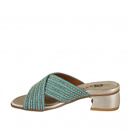 Sabot da donna con fasce incrociate in tessuto turchese con inserti e perline platino, tacco 4 - Misure disponibili: 32, 33, 34, 35, 42, 43, 44, 45, 46 2