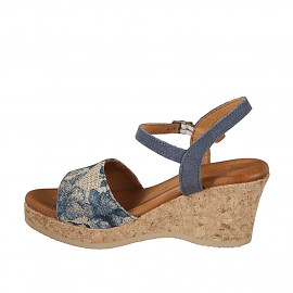 Women's sandal in blue suede and drawstring fabric with blue floral print, wedge heel 7 - Available sizes:  32, 33, 34, 35 2