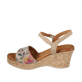 Sandalo da donna in camoscio taupe e tessuto corda con stampa floreale multicolor zeppa 7 - Misure disponibili: 32, 33, 34, 35 2