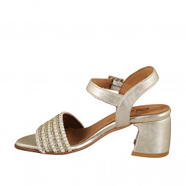 Women's sandal with ankle strap in laminated platinum leather and white fabric with paltinum inserts, heel 6 - Available sizes:  32, 33, 34, 35, 42, 43, 44, 45, 46 2