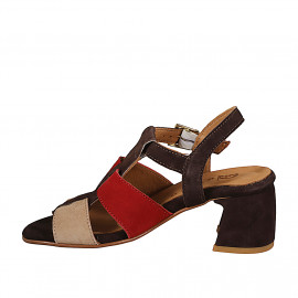Womens' sandal in brown, red and taupe suede with heel 6 - Available sizes:  32, 33, 34, 35, 42, 43, 44, 45, 46 2