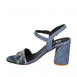 Women's sandal with single strap in blue suede and drawstring fabric with blue floral print with heel 7 - Available sizes:  32, 33, 34, 35, 42, 43, 44, 45, 46 2