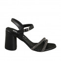 Sandalo da donna con cinturino in pelle nera e listini di strass acciaio con tacco 7 - Misure disponibili: 32, 33, 34, 35, 43, 44, 46
