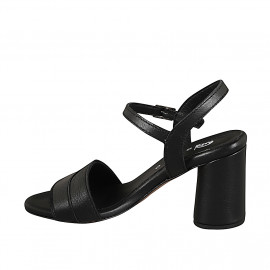 Women's sandal with ankle strap and tone-on-tone design in black leather with heel 7 - Available sizes:  32, 33, 34, 35, 42, 43, 44, 45, 46 2