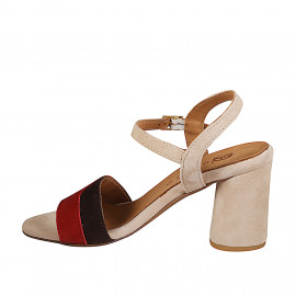 Sandalo da donna con cinturino e disegno in camoscio taupe, marrone e rosso con tacco 7 - Misure disponibili: 32, 33, 34, 35, 42, 43, 44, 45, 46 2