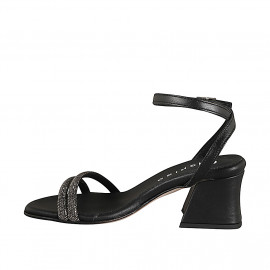 Women's sandal with ankle strap in black leather and straps with steelgrey rhinestones with heel 6 - Available sizes:  32, 33, 34, 35, 42, 43, 44, 45, 46 2