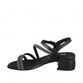 Sandales pour femmes avec courroie à la cheville en cuir noir et lanières avec gris acier strass talon 4 - Pointures disponibles:  32, 33, 34, 35, 42, 43, 44, 45, 46 2