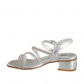Sandales pour femmes avec courroie à la cheville en cuir lamé argent et lanières avec argent strass talon 4 - Pointures disponibles:  32, 33, 34, 42, 43, 44, 45, 46 2