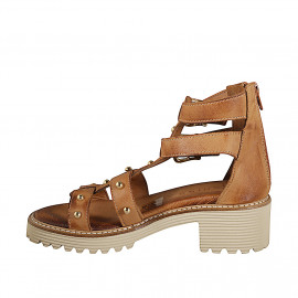 Scarpa aperta da donna con cerniera, fibbie e borchie dorate in pelle color cuoio tacco a carrarmato 4 - Misure disponibili: 32, 33, 34, 35, 42, 43, 44, 45, 46 2