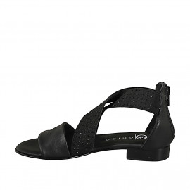 Chaussure ouverte pour femmes avec fermeture éclair en cuir noir et lanières croisées en élastique noir avec strass, talon 2 - Pointures disponibles:  33, 34, 35, 42, 43, 44, 45, 46 2