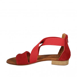 Scarpa aperta da donna con cerniera posteriore in camoscio rosso e con fasce incrociate di elastico rosso e con tacco 2 - Misure disponibili: 33, 34, 35, 42, 43, 44, 45, 46 2